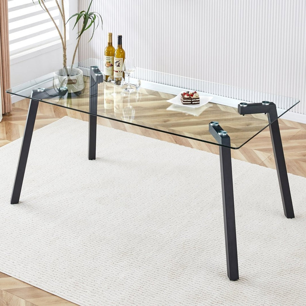 English Elm Modern Tempered Glass Rectangular Dining Table with Matte Black Legs Seats Six W1151S00607