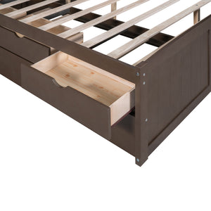 English Elm Full Full Size Wooden Captain Bed with Bookcase Headboard, Three Drawers and Pull-Out Trundle Storage Antique brown GX001029AAA