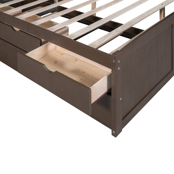 English Elm Full Full Size Wooden Captain Bed with Bookcase Headboard, Three Drawers and Pull-Out Trundle Storage Antique brown GX001029AAA