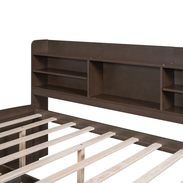 English Elm Full Full Size Wooden Captain Bed with Bookcase Headboard, Three Drawers and Pull-Out Trundle Storage Antique brown GX001029AAA