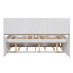 English Elm Full Full Size Wooden Captain Bed with Bookcase Headboard, Three Drawers and Pull-Out Trundle Storage White GX001029AAK