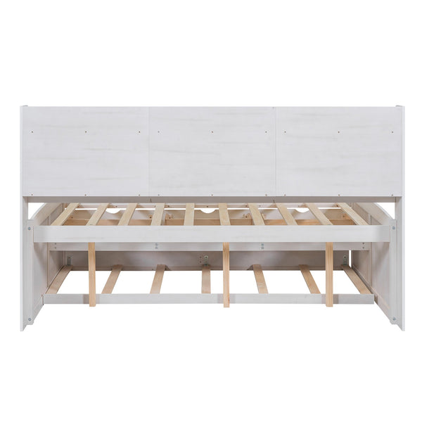 English Elm Full Full Size Wooden Captain Bed with Bookcase Headboard, Three Drawers and Pull-Out Trundle Storage White GX001029AAK