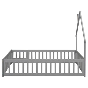 English Elm Full House-Shaped Headboard Floor Bed With Fence - Cozy, Safe Design In Grey For Kids' Rooms W504119480