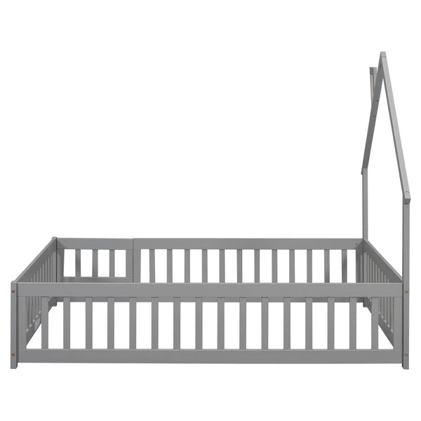 English Elm Full House-Shaped Headboard Floor Bed With Fence - Cozy, Safe Design In Grey For Kids' Rooms W504119480