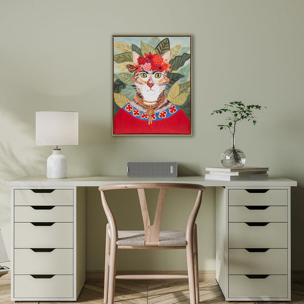 English Elm Bohemian Cat Portrait Wall Art 16.5x20.5 Framed Canvas with Floral Headdress, Gold Embossed Frame, D-Ring Hanging B035129234