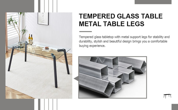 English Elm Modern Tempered Glass Rectangular Dining Table with Matte Black Legs Seats Six W1151S00607