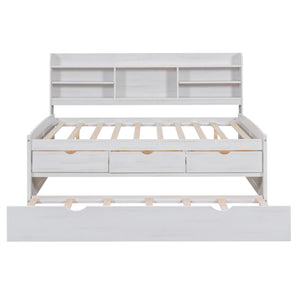 English Elm Full Full Size Wooden Captain Bed with Bookcase Headboard, Three Drawers and Pull-Out Trundle Storage White GX001029AAK