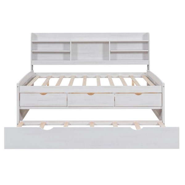 English Elm Full Full Size Wooden Captain Bed with Bookcase Headboard, Three Drawers and Pull-Out Trundle Storage White GX001029AAK