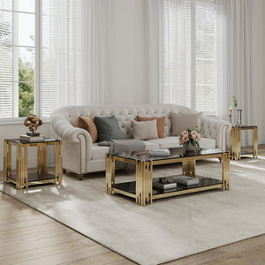 English Elm Woker Two Tier Square End Table Black Tempered Glass Polished Gold Steel Frame W1567134339