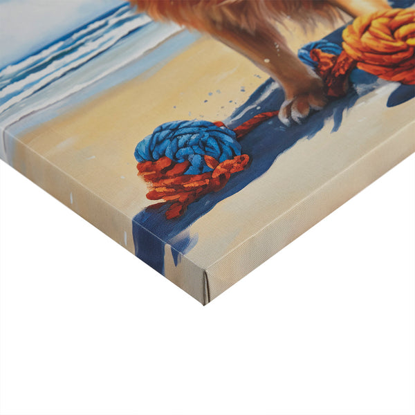English Elm Golden Retriever Beach Canvas Wall Art by Tessa Kane — Playful Sunshine Dog Decor, 16x16, Easy Hang Decor B035129231