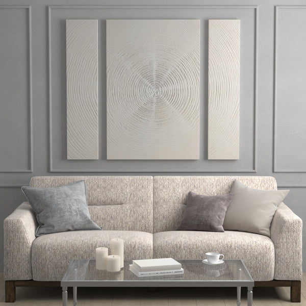 English Elm Hand Silver Sand 3-Piece Hand Embellished Abstract Canvas Set with Gel Texture, Zen Burst for Living Room Decor B035129226