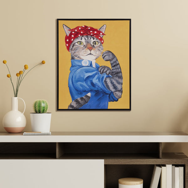 English Elm Rosie Denim-Clad Cat Portrait Framed Canvas Wall Art, 16.5x20.5, Polka Dot Bandanna, Empowering Decor B035129240