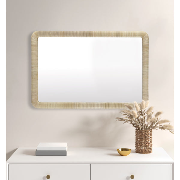 English Elm Natural Rattan Rectangle Wall Mirror with Rounded Corners, Vertical/Horizontal Mounting, 26x39" Decor B035129254