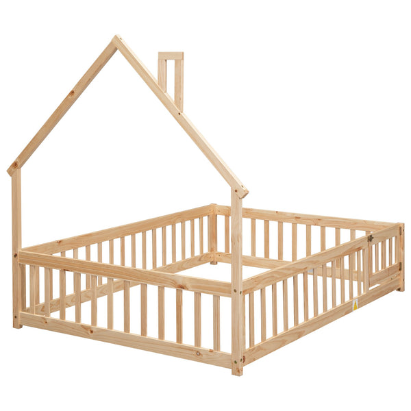 English Elm Full House-Shaped Headboard Floor Bed With Playful Fence, Natural Pine Wood, Perfect For Kids W504119482
