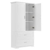 English Elm Tall Bathroom Storage Cabinet, Cabinet With Two Doors and Drawers, Adjustable Shelf, Mdf Board, White