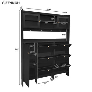 English Elm Black Hall Tree Foyer Cabinet Flip Shoe Storage Tempered Glass Hooks Shelf SD000028AAB