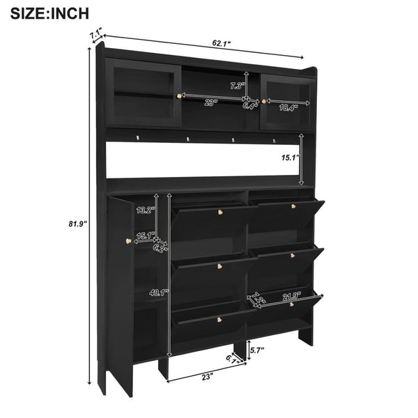 English Elm Black Hall Tree Foyer Cabinet Flip Shoe Storage Tempered Glass Hooks Shelf SD000028AAB