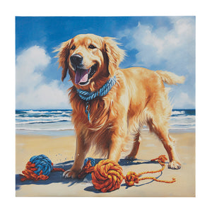 English Elm Golden Retriever Beach Canvas Wall Art by Tessa Kane — Playful Sunshine Dog Decor, 16x16, Easy Hang Decor B035129231