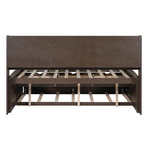 English Elm Full Full Size Wooden Captain Bed with Bookcase Headboard, Three Drawers and Pull-Out Trundle Storage Antique brown GX001029AAA