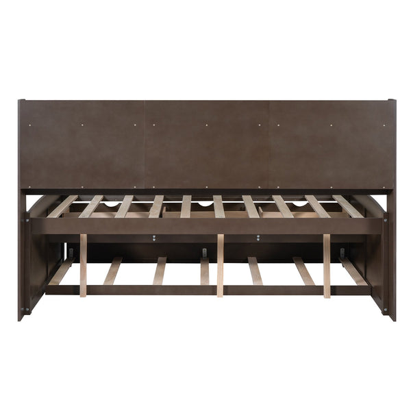 English Elm Full Full Size Wooden Captain Bed with Bookcase Headboard, Three Drawers and Pull-Out Trundle Storage Antique brown GX001029AAA