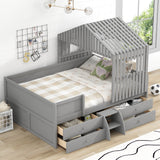 Full Size House Low Loft Bed with Four Drawers, Gray