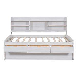 English Elm Full Full Size Wooden Captain Bed with Bookcase Headboard, Three Drawers and Pull-Out Trundle Storage White GX001029AAK