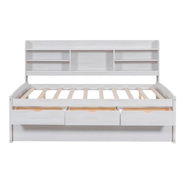 English Elm Full Full Size Wooden Captain Bed with Bookcase Headboard, Three Drawers and Pull-Out Trundle Storage White GX001029AAK