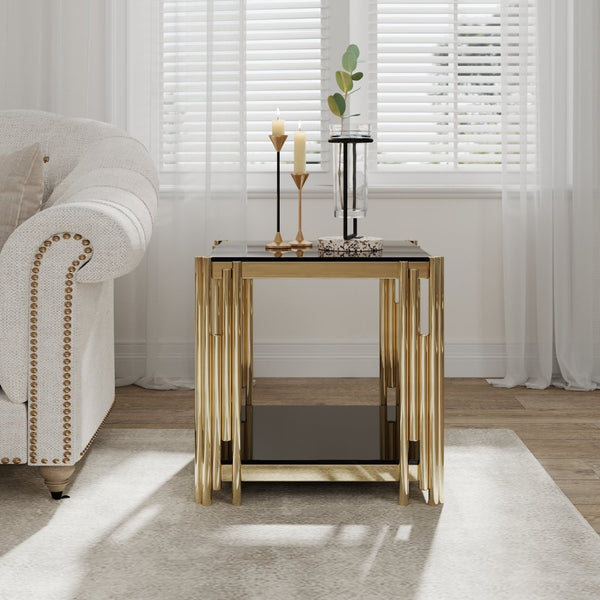 English Elm Woker Two Tier Square End Table Black Tempered Glass Polished Gold Steel Frame W1567134339