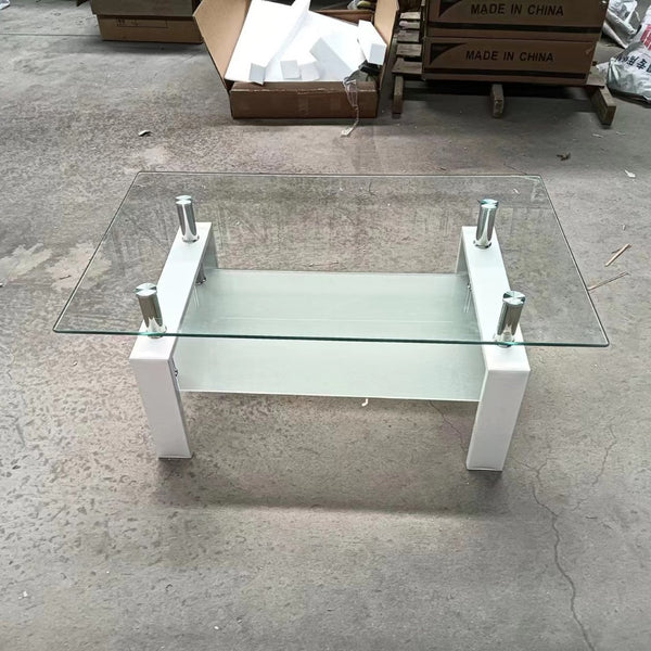 English Elm Tempered Glass Two Tier Coffee Table with Metal Legs for Modern Living Rooms W1718120236