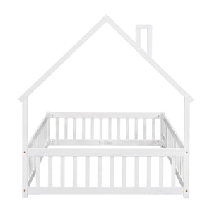 English Elm Full House-Shaped Floor Bed With Fence Guardrails - Cozy White Pine Frame For Imaginative Sleep Spaces W504119481