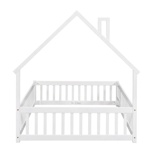 English Elm Full House-Shaped Floor Bed With Fence Guardrails - Cozy White Pine Frame For Imaginative Sleep Spaces W504119481