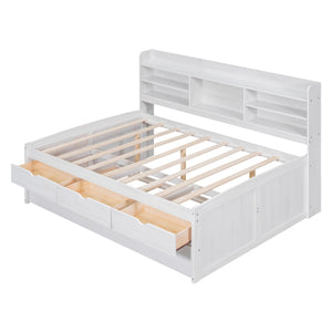 English Elm Full Full Size Wooden Captain Bed with Bookcase Headboard, Three Drawers and Pull-Out Trundle Storage White GX001029AAK