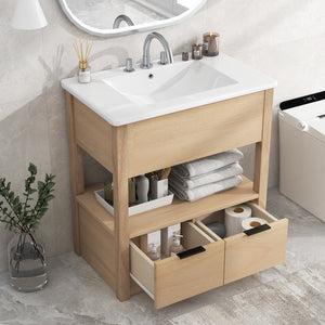 English Elm 30" Bathroom Vanity With Sink Top, Bathroom Cabinet With Open Storage Shelf and Two Drawers, One Package, Natural (Old Sku:Wf311619Aad)