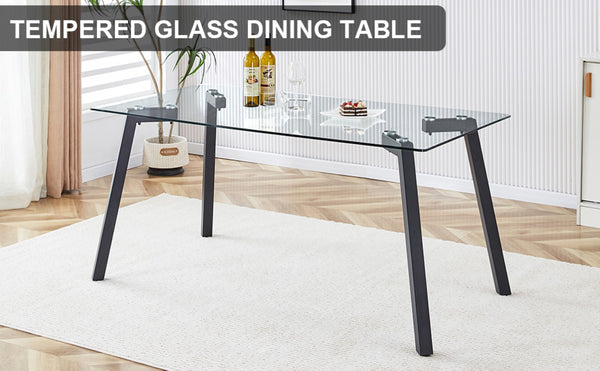 English Elm Modern Tempered Glass Rectangular Dining Table with Matte Black Legs Seats Six W1151S00607