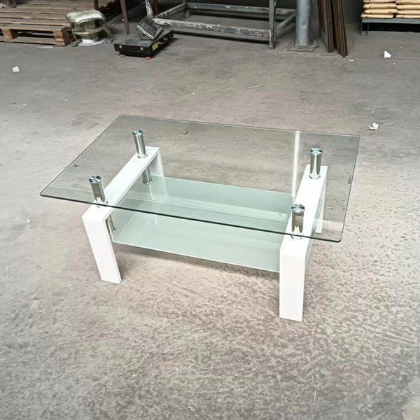 English Elm Tempered Glass Two Tier Coffee Table with Metal Legs for Modern Living Rooms W1718120236