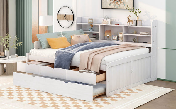 English Elm Full Full Size Wooden Captain Bed with Bookcase Headboard, Three Drawers and Pull-Out Trundle Storage White GX001029AAK