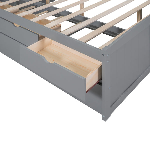 English Elm Full Full Size Wooden Captain Bed with Bookcase Headboard, Three Drawers and Pull-Out Trundle Storage LIGHT GREY GX001029AAE