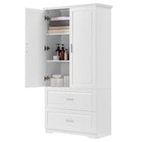 English Elm Tall Bathroom Storage Cabinet, Cabinet With Two Doors and Drawers, Adjustable Shelf, Mdf Board, White