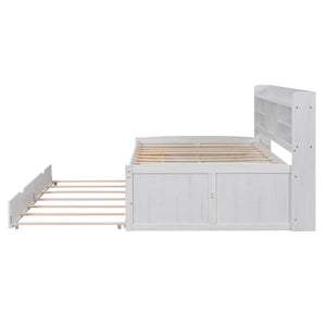 English Elm Full Full Size Wooden Captain Bed with Bookcase Headboard, Three Drawers and Pull-Out Trundle Storage White GX001029AAK