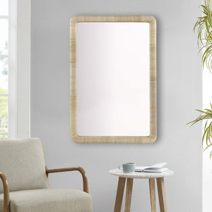 English Elm Natural Rattan Rectangle Wall Mirror with Rounded Corners, Vertical/Horizontal Mounting, 26x39" Decor B035129254