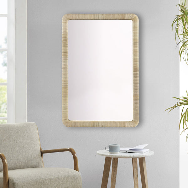 English Elm Natural Rattan Rectangle Wall Mirror with Rounded Corners, Vertical/Horizontal Mounting, 26x39" Decor B035129254