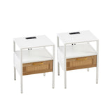 Hearth and Haven Set Of 2, 15.75" Rattan End Table with Power Outlet & Usb Ports , Modern Nightstand with Drawer and Metal Legs, Side Table For Living Room, Bedroom, White W1265123648