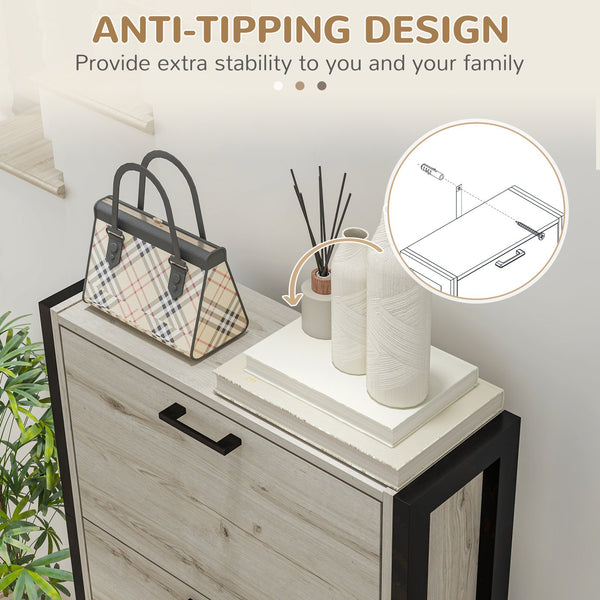 English Elm Industrial Shoe Cabinet with 3 Flip Drawers for Narrow Entryway — Slim 15-Pair Storage, Rustic Black Frame and Woodgrain Panels, Anti-Tip Design Walnut W2225141230