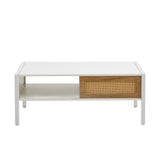 English Elm 40.16" Rattan Coffee Table, Sliding Door For Storage, Metal Legs, Modern Table For Living Room , White