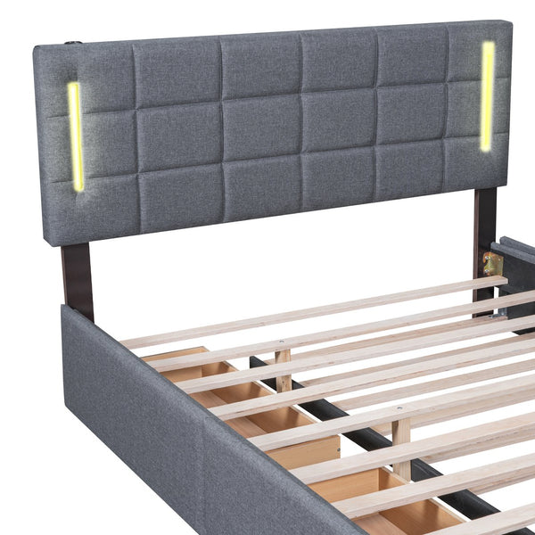 English Elm Queen LED Upholstered Platform Bed with Trundle, USB Ports, Dual Drawers and App-Controlled Lights Gray SF000074AAE