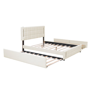 English Elm Queen LED Upholstered Platform Bed with Trundle, USB Ports, Dual Drawers and App-Controlled Lights Beige SF000074AAA