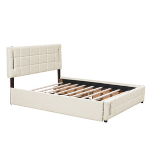 English Elm Queen LED Upholstered Platform Bed with Trundle, USB Ports, Dual Drawers and App-Controlled Lights Beige SF000074AAA