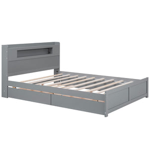English Elm Queen Wood Storage Platform Bed with LED Lighting, 2 Drawers & Twin Trundle for Space Saving Comfort Gray GX000357AAE