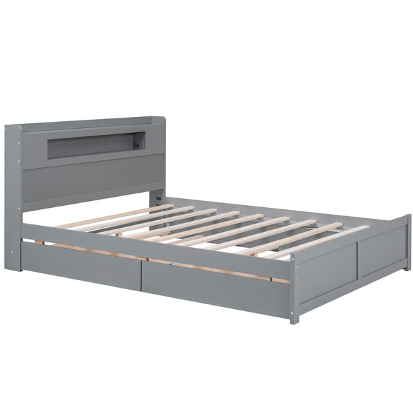 English Elm Queen Wood Storage Platform Bed with LED Lighting, 2 Drawers & Twin Trundle for Space Saving Comfort Gray GX000357AAE