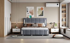 English Elm Queen LED Upholstered Platform Bed with Trundle, USB Ports, Dual Drawers and App-Controlled Lights Gray SF000074AAE